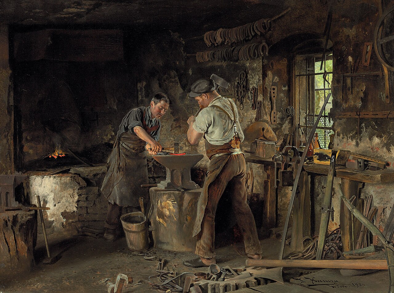 Deux forgerons au travail devant la forge, peinture de Johann Hamza (1900)